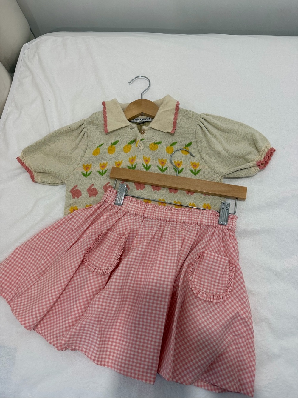 Girls Emile et Ida Cream Knit Collared Sweater Top with pink plaid skirt